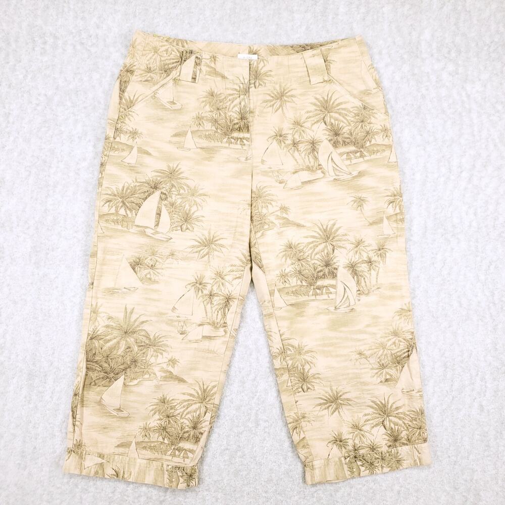 Liz Claiborne Audra Capris Womens Petite 12 Tan Print Wide Leg Tropical Hawaiian